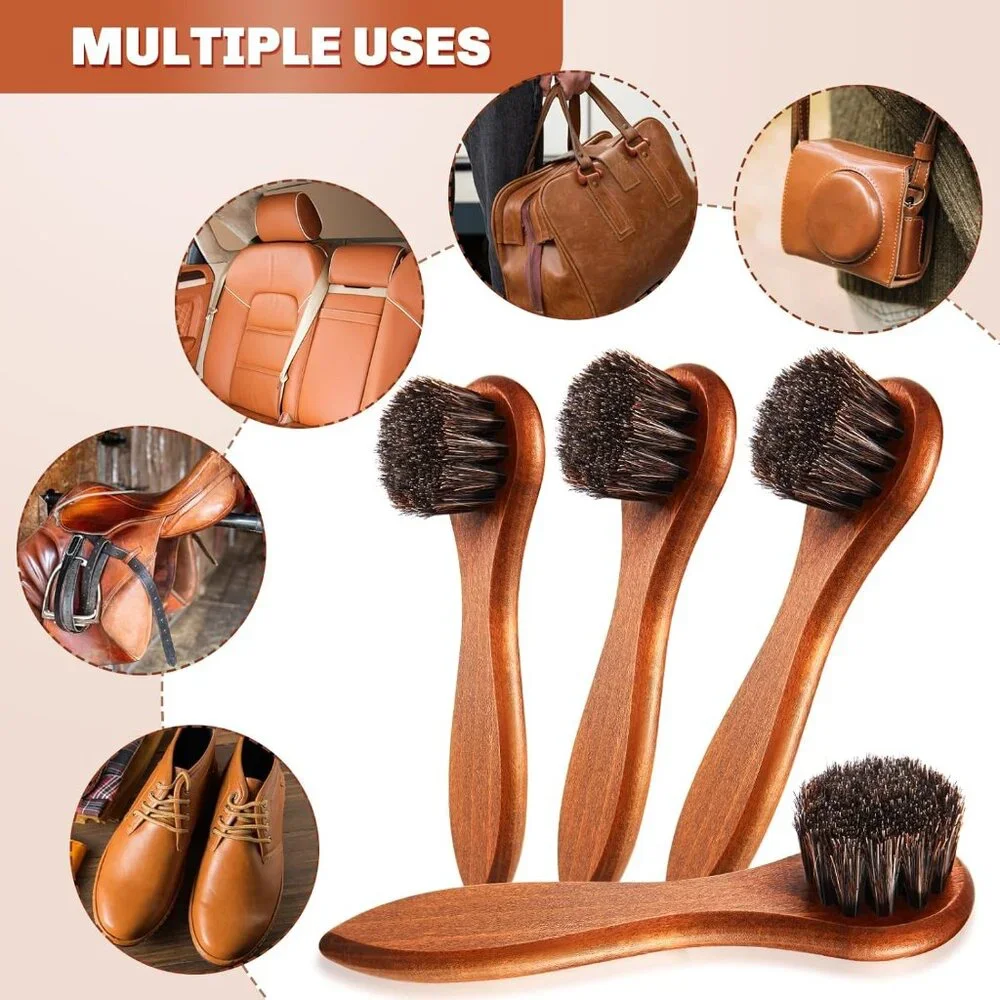 4-In-1 Wooden Handle Horsehair Brush Kit with Microfiber Cloth for Shoe Shine